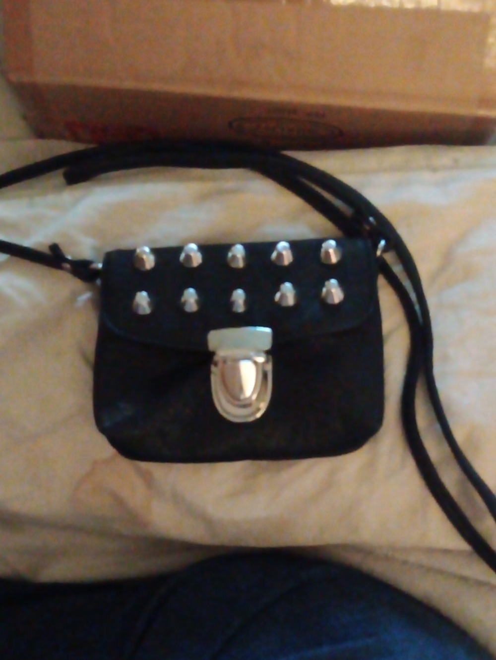 Black Studded Crossbody Leather Bag with Silver Stud Hardware